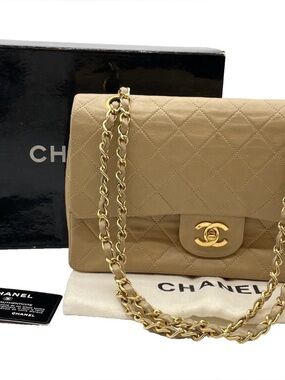 Vintage Chanel Beige Quilted Lambskin Classic Double Flap Bag with Gold Chain